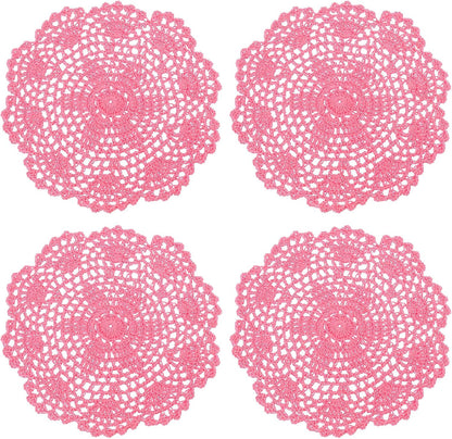 uxcell Lace Doilies, 4pcs 8" - Cotton Woven Round Crochet Coaster, Floral Design Fabric Handmade Placemat for Drink Wedding Party Decoration (Dark Pink)