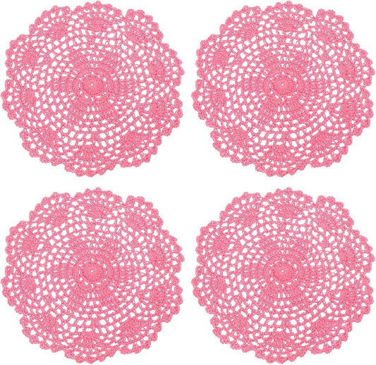 uxcell Lace Doilies, 4pcs 8" - Cotton Woven Round Crochet Coaster, Floral Design Fabric Handmade Placemat for Drink Wedding Party Decoration (Dark Pink)