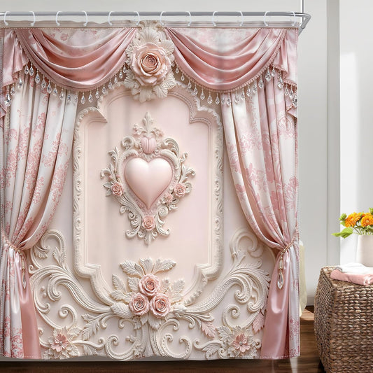 Riyidecor Pink White Roses Shower Curtain Floral Luxury Flower Elegant Aesthetic Vintage Girlish European Style 72Wx72H Inch Girly Woman Girls Fabric Decor Bathroom Polyester Waterproof 12 Pack Hooks