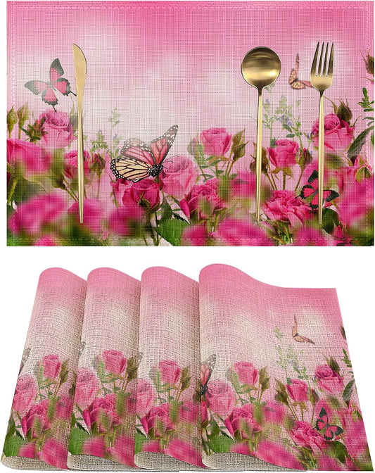 Spring Pink Rose Placemats Set of 4, Floral Butterfly Linen Place Mats Heat Resistant Non-Slip Washable Table Mats for Dining Kitchen Party Decor 12"x18"