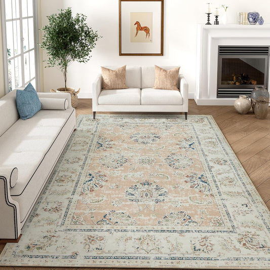jinchan Fiora 6x9 Area Rug for Living Room Washable Soft Throw Rug Ultra-Thin Stain Resistant Non-Slip Distressed Spring Vintage Floral Large Carpet for Bedroom, Home Office, Nursery(6x9ft, Pink)