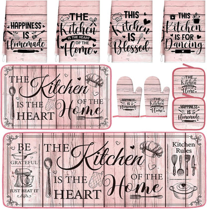 Fourluoo 10 Pcs Farmhouse Pink Kitchen Decor and Accessories Set Kitchen Towels and Rugs Pot Holders Oven Mitts for Cooking Baking Mom Housewarming Gifts
