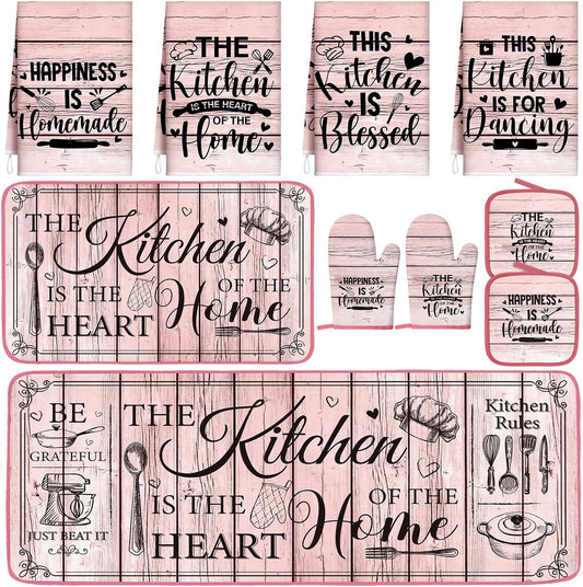 Fourluoo 10 Pcs Farmhouse Pink Kitchen Decor and Accessories Set Kitchen Towels and Rugs Pot Holders Oven Mitts for Cooking Baking Mom Housewarming Gifts