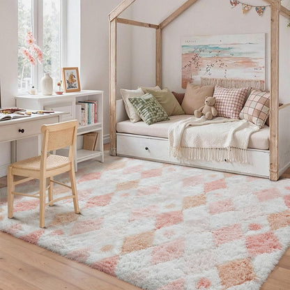 PureCozy Checkered Rug 4x6 Fluffy Shag Living Room Pink Area Rug Modern Washable Carpet Soft Shaggy Non Slip Indoor Plush Fuzzy Rugs for Bedroom Dorm Office Home Aesthetic Decor