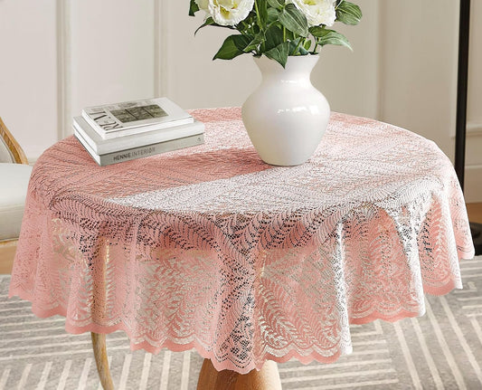 Warm Home Designs Pink 36 Inch Round Lace Tablecloth. AME Blush Round 36 | Round Lace Tablecloth with Large Leaves. Floral Table Cloth, Rustic Overlay or Boho Table Cover for Farmhouse Kitchen.