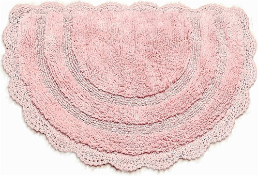 Chardin home Pink Crochet Bathrug,100% Cotton Semicircle bathmat with artisanally Handcrafted Crochet Border, 20x32 Inch D Shape, Perfect for Half Baths, Powder Rooms, bathrooms