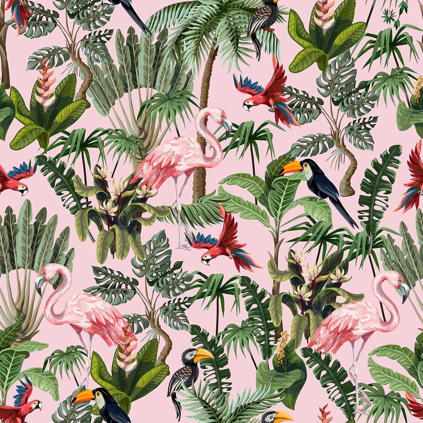 VEELIKE Pink Jungle Wallpaper Peel and Stick Removable Pink Tropical Wallpaper for Bedroom Bathroom Nursery 17.7''x118'' Flamingo Birds Wall Mural Prepasted Tropical Contact Paper for Walls Cabinets