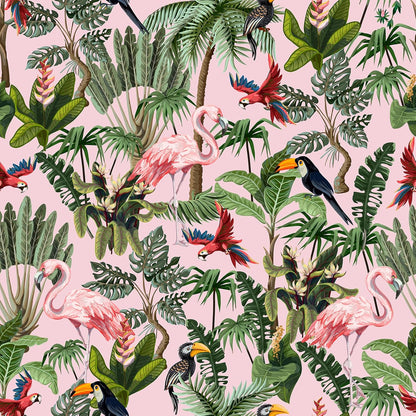 VEELIKE Pink Jungle Wallpaper Peel and Stick Removable Pink Tropical Wallpaper for Bedroom Bathroom Nursery 17.7''x118'' Flamingo Birds Wall Mural Prepasted Tropical Contact Paper for Walls Cabinets