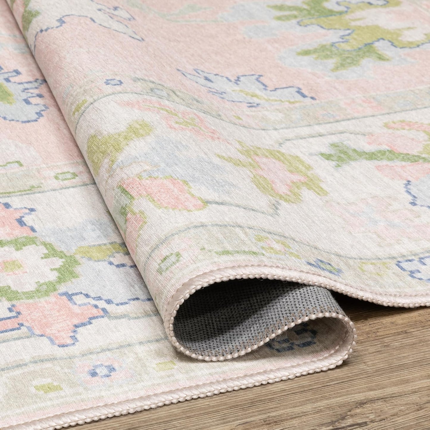 Oriental Weavers Addison ADD04 Machine Washable Flat Weave Printed Area Rug 5' x 7' in Pink/Green Traditional Style, Nursery, Kids Room, Bedroom, Entryway