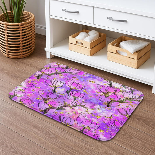 Spring Botanical Quick Dry Bath Mat, Elegant Peach Floral Patterned Absorbent Non-Slip Shower Mat, Memory Foam Washable Bath Rugs for Home Decor 20x32 Inch