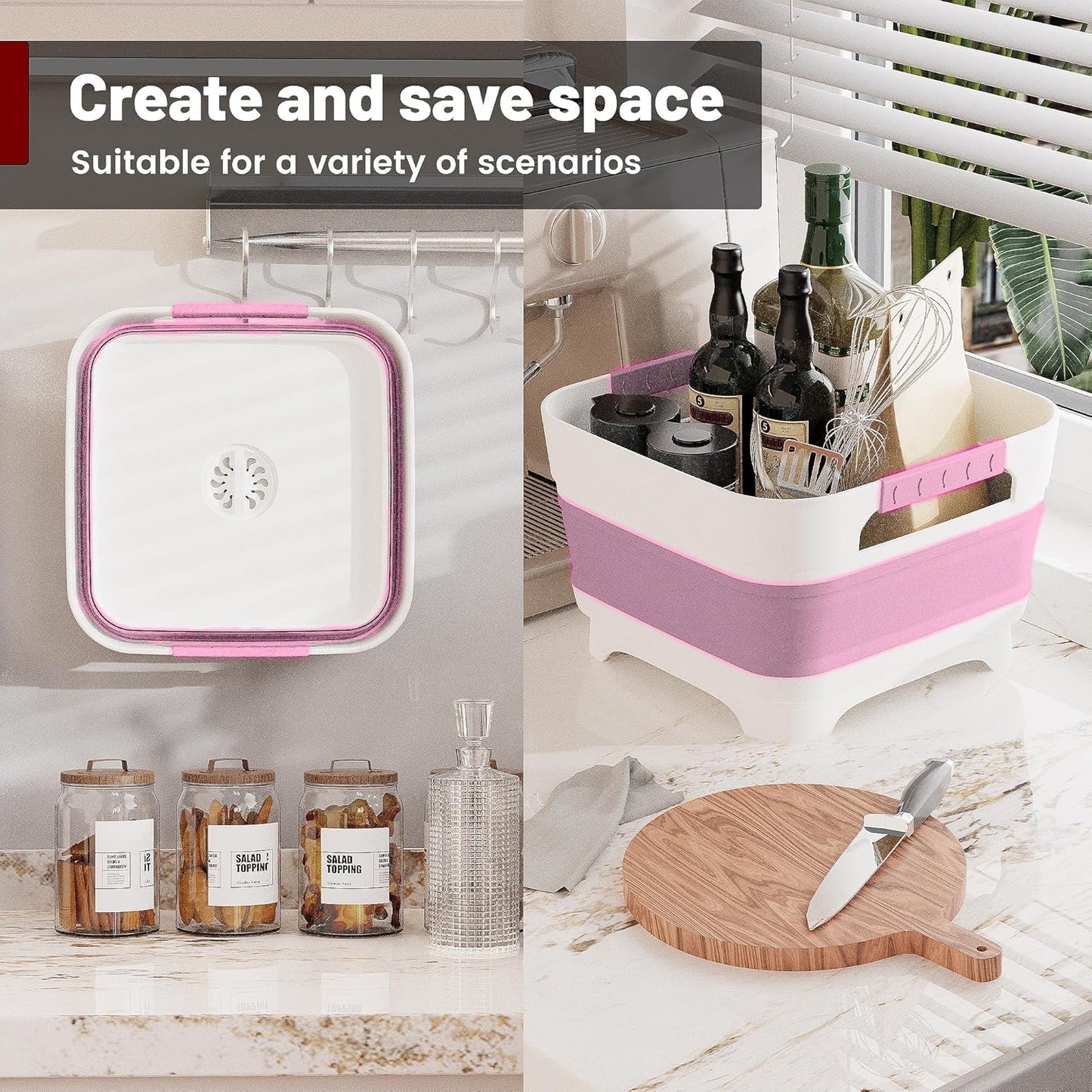 MontNorth 2.4 Gal Collapsbile Wash Basin with Drian Plug,9L Dish Pan for Soaking Baby Bottles,Portable Sink, Multiuse Foldable Bucket,Ice Beverage Tubs for Camping, Vegetable Washing, RV (Pink)