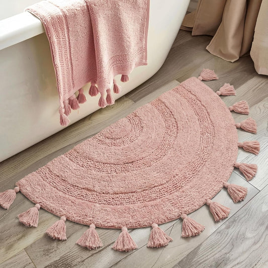 KOEXM Half Circle Crochet Cotton Rug with Tassels - Soft, Absorbent, Non-Slip Boho Bath Mat for Tub & Shower - 42"x22"