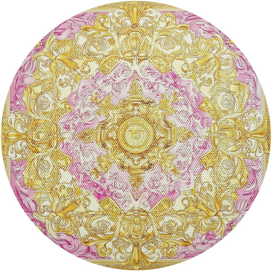 Retro Floral Pattern Gold and Peach placemats for Dining Table Round Reusable Place mats Washable Cloth placemats platemats placemats Heat Resistant Waterproof Vinyl placemats Set of 6