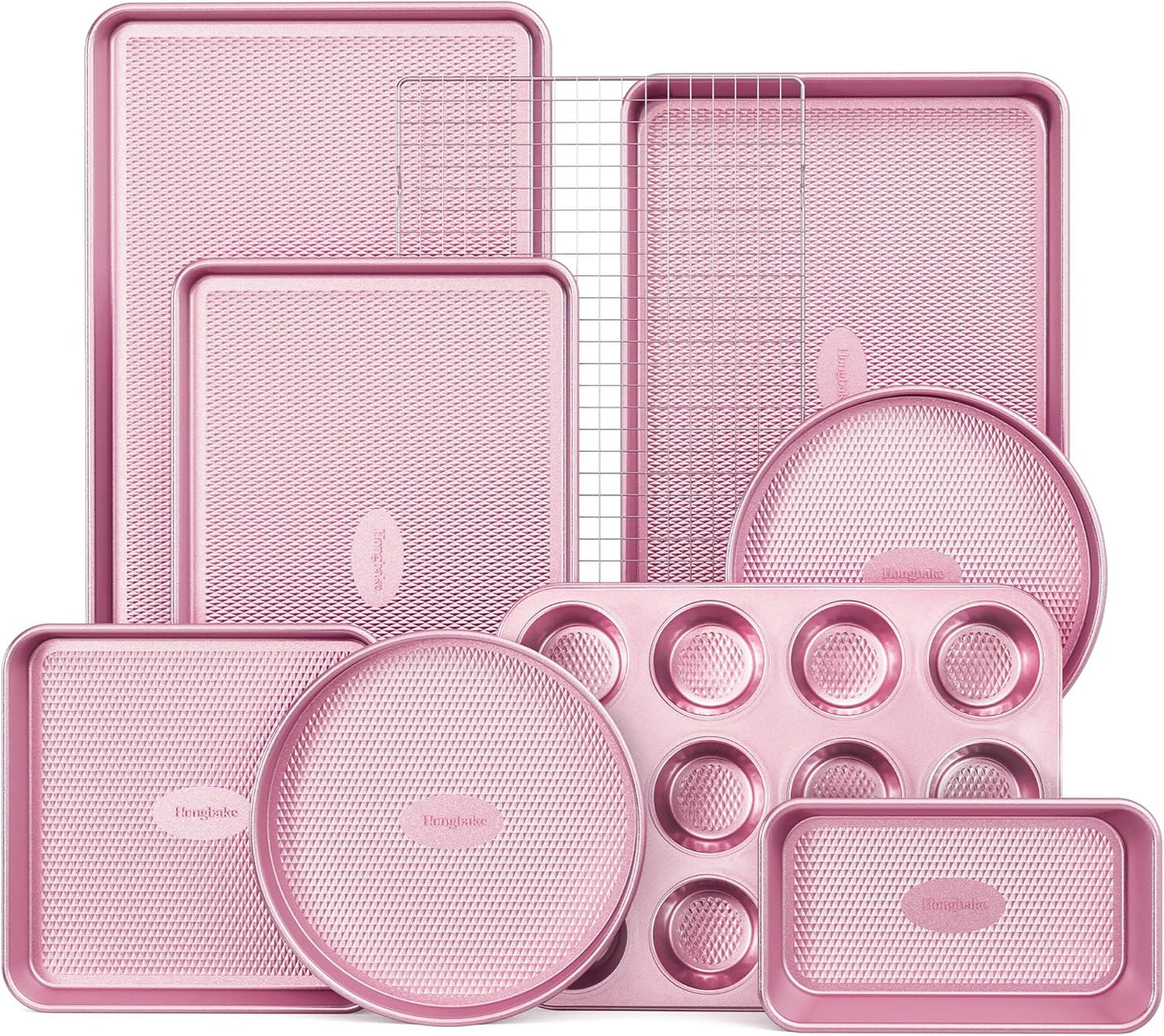 HONGBAKE 9-Piece Baking Pans Set Nonstick, Stackable Non Toxic Bakeware Sets with Diamond Texture, Oven Pan Set for Cooking, Includes Cookie Sheet with Rack, Cake Pan, Roasting Pan, Muffin Tin, Pink