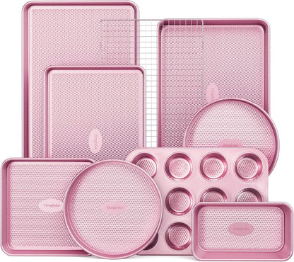 HONGBAKE 9-Piece Baking Pans Set Nonstick, Stackable Non Toxic Bakeware Sets with Diamond Texture, Oven Pan Set for Cooking, Includes Cookie Sheet with Rack, Cake Pan, Roasting Pan, Muffin Tin, Pink