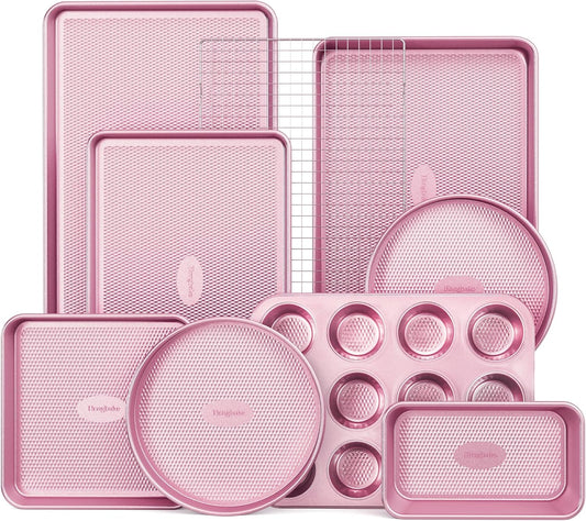 HONGBAKE 9-Piece Baking Pans Set Nonstick, Stackable Non Toxic Bakeware Sets with Diamond Texture, Oven Pan Set for Cooking, Includes Cookie Sheet with Rack, Cake Pan, Roasting Pan, Muffin Tin, Pink