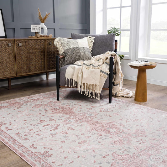 Hauteloom Isidore Boho Vintage Floral Area Rug - Farmhouse Traditional Medallion Carpet for Living Room, Bedroom, Dining Room - High Pile - Pale Pink, Peach, Cream, Blush - 5'2" x 7'