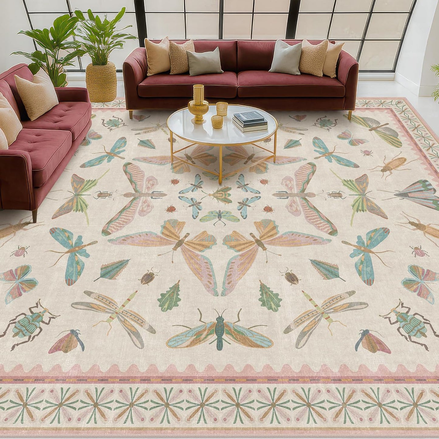 Hazo Haus Cute Rugs for Bedroom Girls - Pink Living Room Rugs 8X10, Dining Room Table, Washable Pastel Flower Insect Print Whimsical Décor