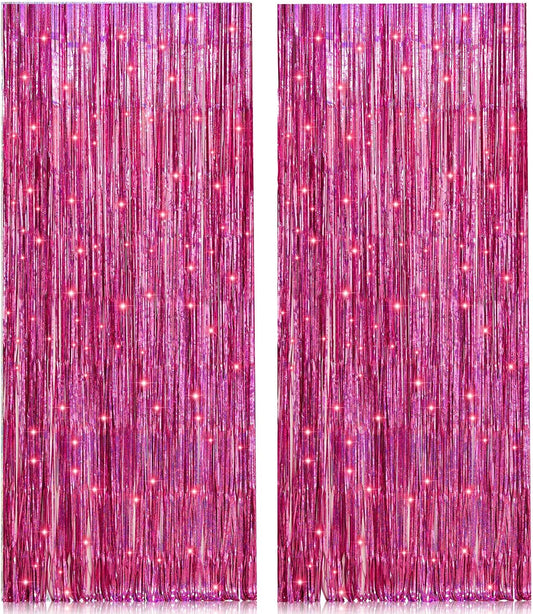 2 Pack 3.2ft x 8.2ft Pink Metallic Tinsel Foil Fringe Curtains Backdrop for Pink Party Birthday Wedding Bachelorette Baby Shower Holiday Party Decorations Photo Booth Props