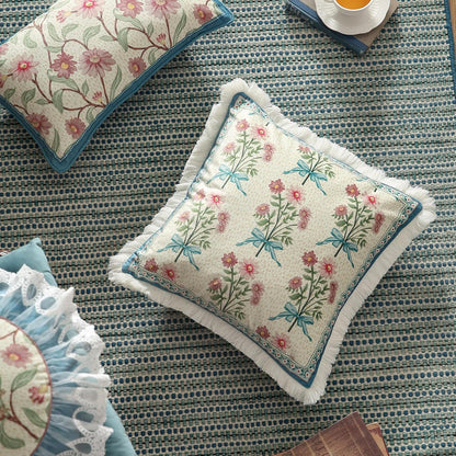 patdrea Designer French Country Velvet Throw Pillow Cover,Elegant Blue Pink Small Floral Collection Pattern,Decorative Lumbar Pillowcases Cushion for Bed Living Room Outdoor Car,Pack of 4