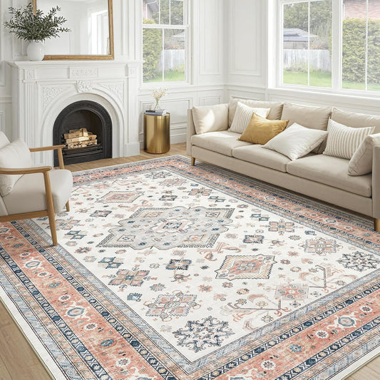 Vintage Living Room Area Rug 9x12 - Large Soft Washable Oriental Traditional Distressed Farmhouse Rugs for Bedroom - Indoor Floor Accent Carpet for Home Office House Decor - Coral Pink