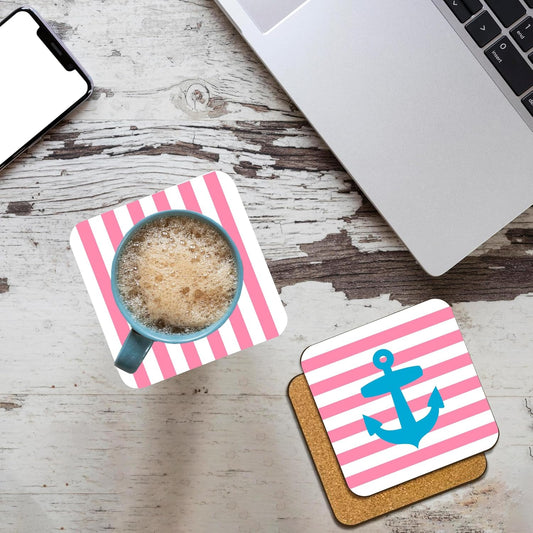 3dRose Nautical Light Blue Anchor with Coral red or Pink Sailor Stripes Pattern - French Breton Stripe Set of 8 Coasters - Cork