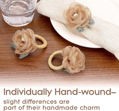 Handcraft Flower Napkin Rings Set of 6– Blush Beige Camellia Tulle Napkin Holders for Dining Table Decor, Weddings, Parties, Birthday & Thanksgiving