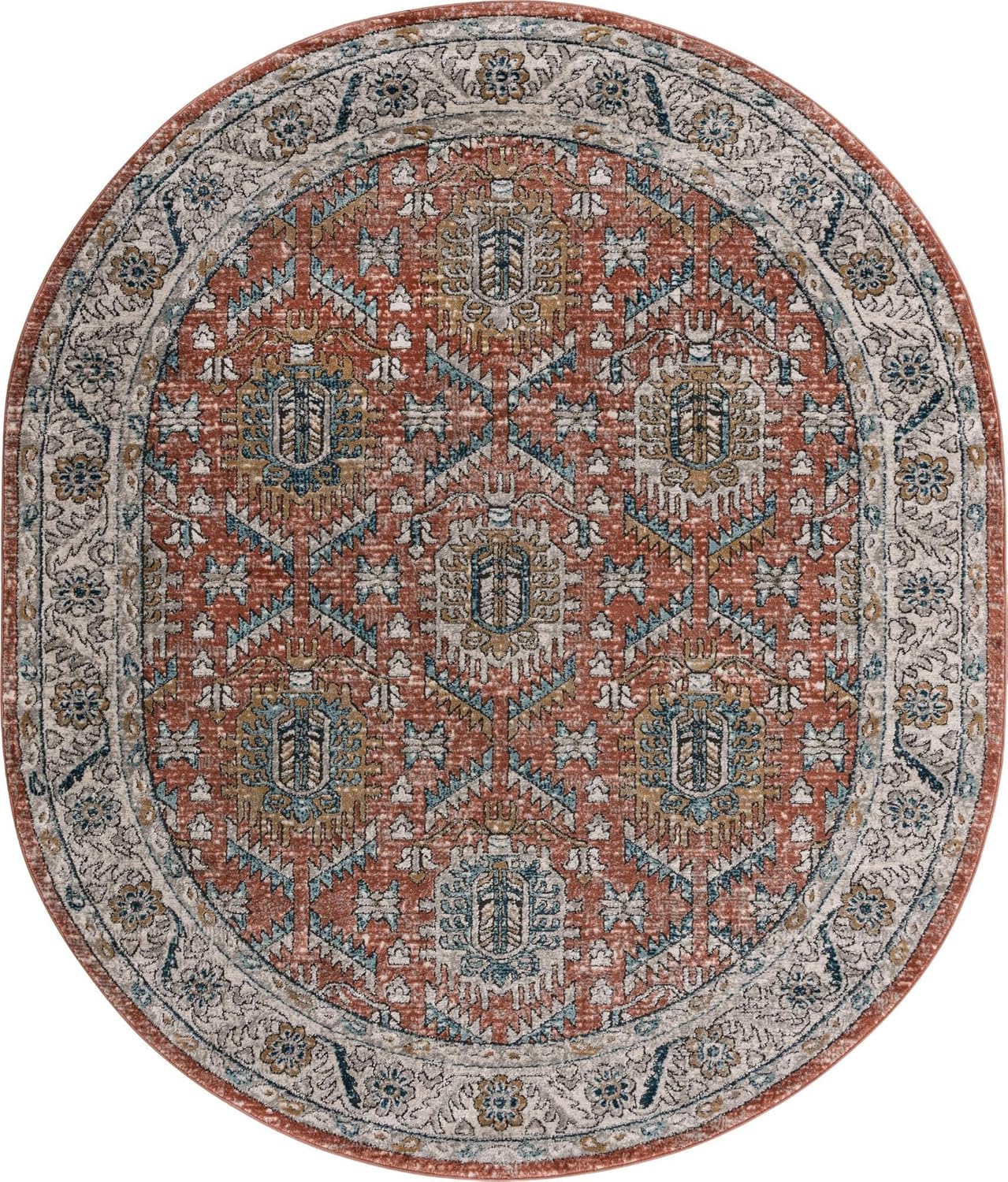 Rugs.com - Nyla Collection Rug – 7' 10 x 10' Oval Salmon Pink Easy-Clean Textured Area Rug – Vintage Medallion Design for Living Rooms, Dining Rooms, and Bedrooms