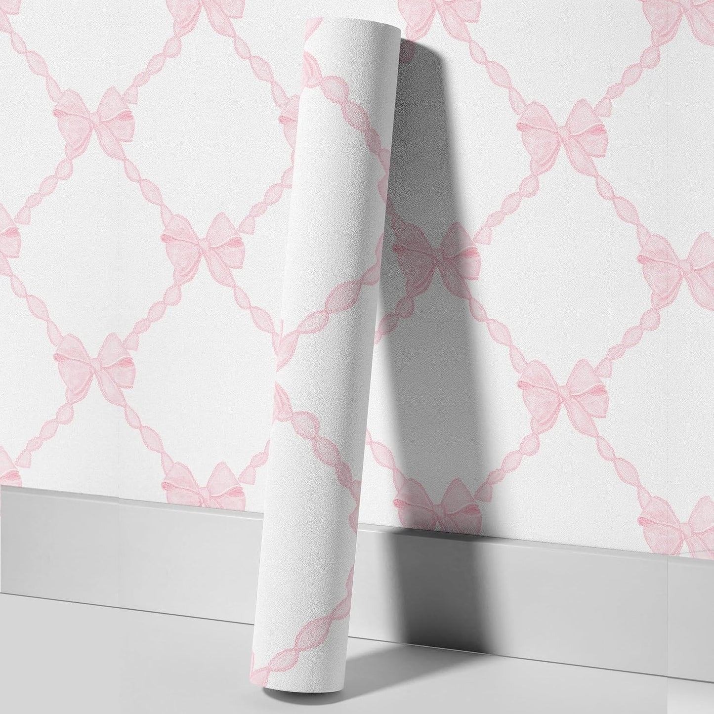 Pink Bow-Flower Pattern Peel and Stick Wallpaper, Removable Self-Adhesive Wall Covering for Nursery, Girls Room, Princess Theme Decor