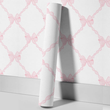 Pink Bow-Flower Pattern Peel and Stick Wallpaper, Removable Self-Adhesive Wall Covering for Nursery, Girls Room, Princess Theme Decor