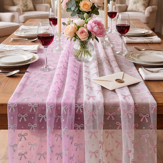 ACOCO 2 Pack Bowknot Gauze Table Runner 120 Inch 10FT, Pink & White Tulle Extra Long Table Runners, Washable Decorative Table Scarf for Wedding, Party, Farmhouse, Dining Room & Holiday Home Decoration