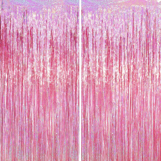 Voircoloria 2 Pack Laser Pink Tinsel Foil Fringe Curtains, 3.28 ft x 6.56 ft, Metallic Party Streamers Backdrop for Birthday Bachelorette Graduation Wedding Party Decorations