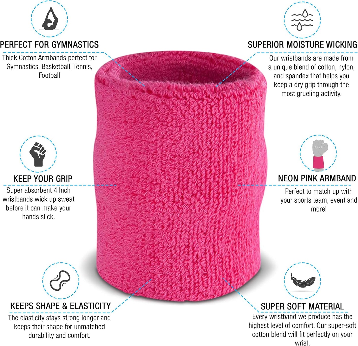 Suddora Arm Sweatbands, Absorbent and Breathable Thick Cotton Bands for Working Out, Gymnastics, Basketball, Tennis, and Football, Multiuse 4-inch Wristbands for Costumes and Cosplay