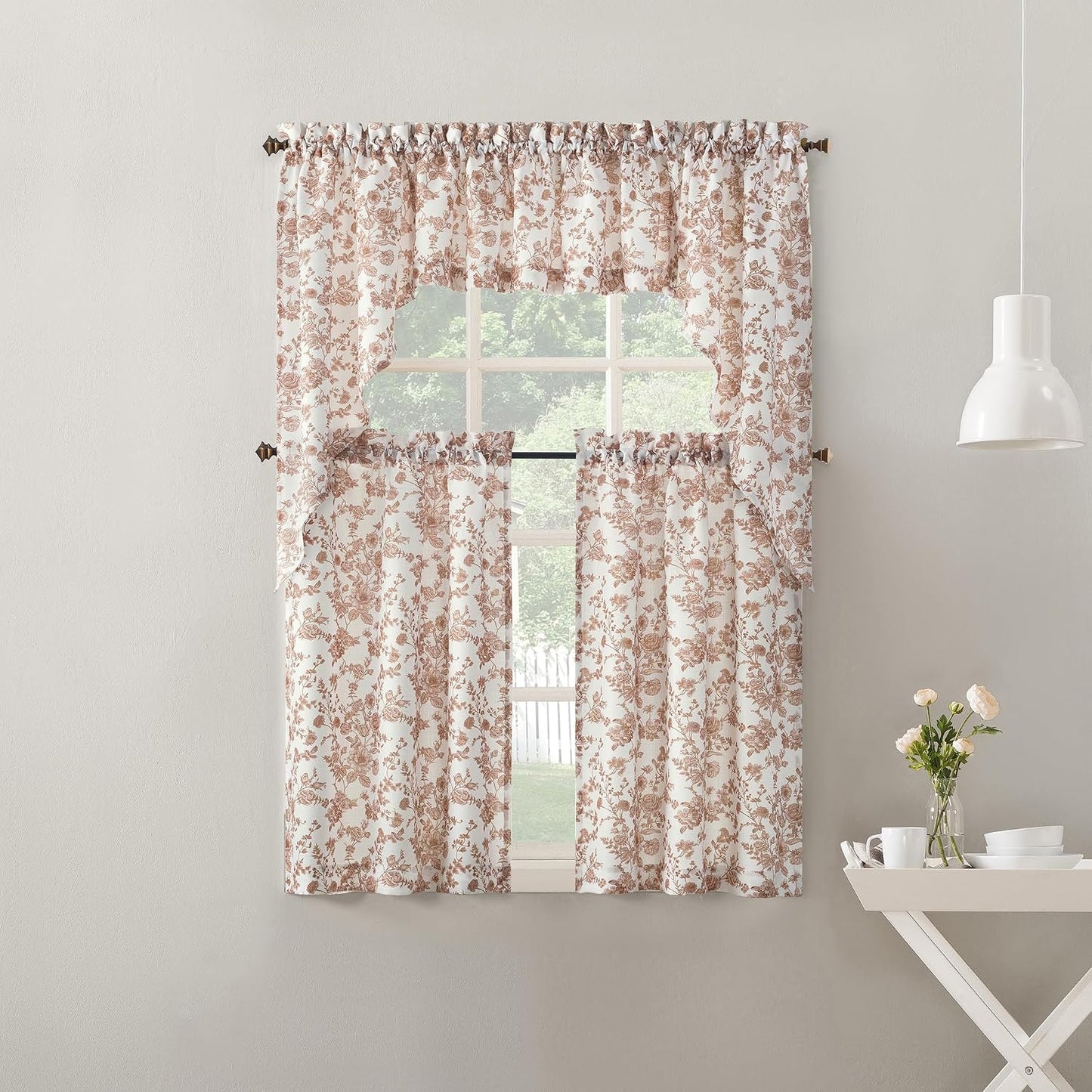 No. 918 Eloise 2-Pack Tonal Botanical Semi-Sheer Rod Pocket Kitchen Curtain Swag Pair, Blush Pink, 27" W x 38" L