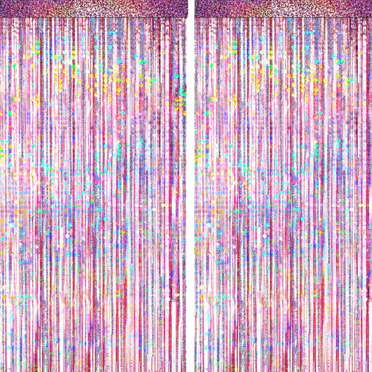 4 Packs Pink Foil Fringe Curtain, Pink Glitter Metallic Tinsel Backdrop for Birthday, Wedding, Baby Shower, Princess Bachelorette Cowgirl Party Decorations Supplies
