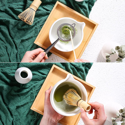 Ceremony Matcha Kit - Traditional Bamboo Matcha Whisk (Chasen) Scoop (Chashaku) Chawan Bowl with Pouring Spout Whisk Holder Sifter Tea Tray - The Perfect Matcha Set (Baby Pink, Set of 7)