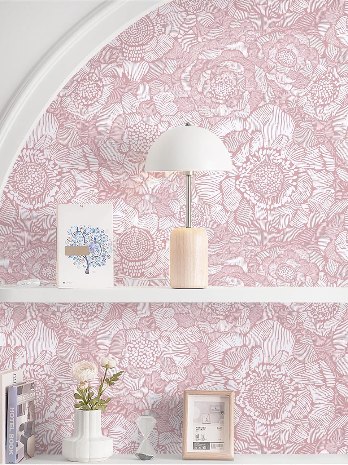 HeloHo Pink Peel and Stick Wallpaper Pink Floral Contact Paper Boho Wallpaper Removable Self Adhesive Flower Wall Paper for Cabinet Bathroom Bedroom Decoral Papel Tapiz para Pared 17.3" X 78.7"
