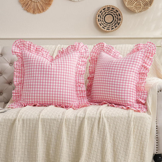 2 Pack Pink/White Plaid Ruffled Checkered Throw Pillow Cover 20 x20 inches, Washed Cotton Vintage Farmhouse Pillow Sham Decorative Gingham Pillowcases for Bed/Living Room