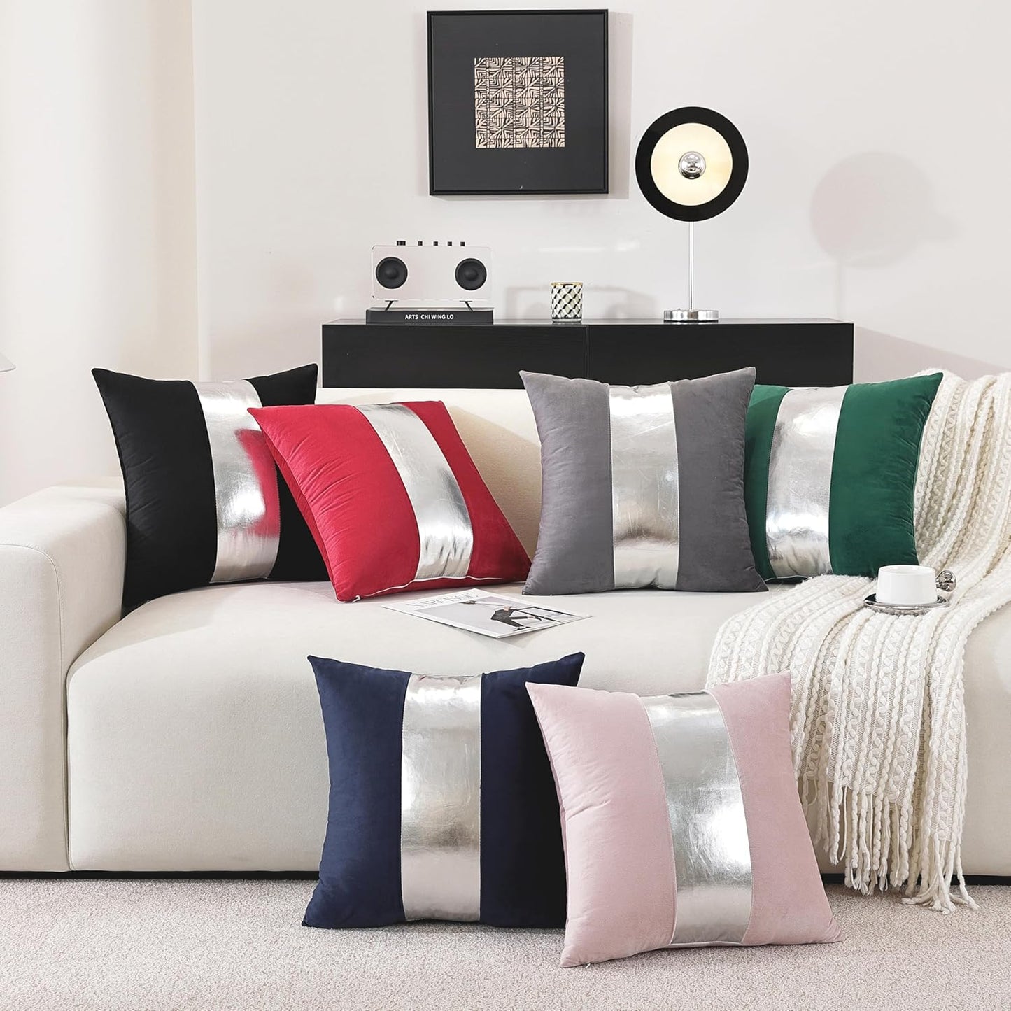 TAOSON Pack of 2 Velvet Decorative Throw Pillow Covers Pink Patchwork with Silver Striped Leather Pillow Covers 18 × 18 Inch Cushion Covers Decor Living Room Sofa Bedroom Car Only Cover No Insert
