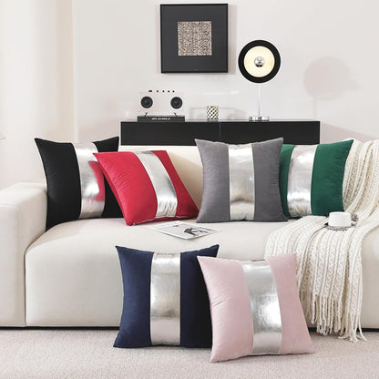 TAOSON Pack of 2 Velvet Decorative Throw Pillow Covers Pink Patchwork with Silver Striped Leather Pillow Covers 18 × 18 Inch Cushion Covers Decor Living Room Sofa Bedroom Car Only Cover No Insert