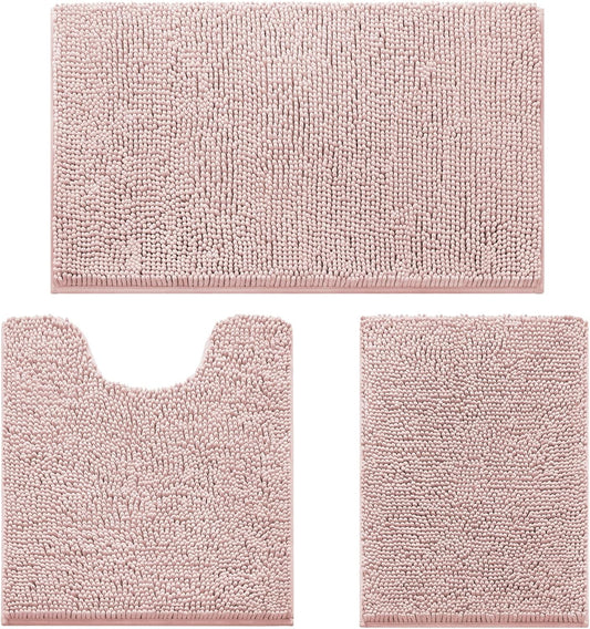 HOMEIDEAS 3 Pieces Bathroom Rugs, Extra Large Ultra Soft Non Slip Absorbent Chenille Toilet Bath Mat Set (Dusty Pink)