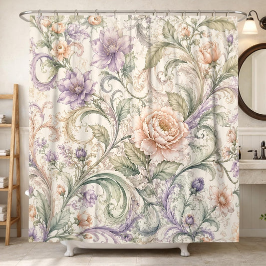 Peony Shower Curtain, Floral Elegant Rose Leaf Spring Pastel Peach Waterproof Fabric Bathtub Cloth Curtains for Bathroom Toile Guest Room Decor 72x78 Inch