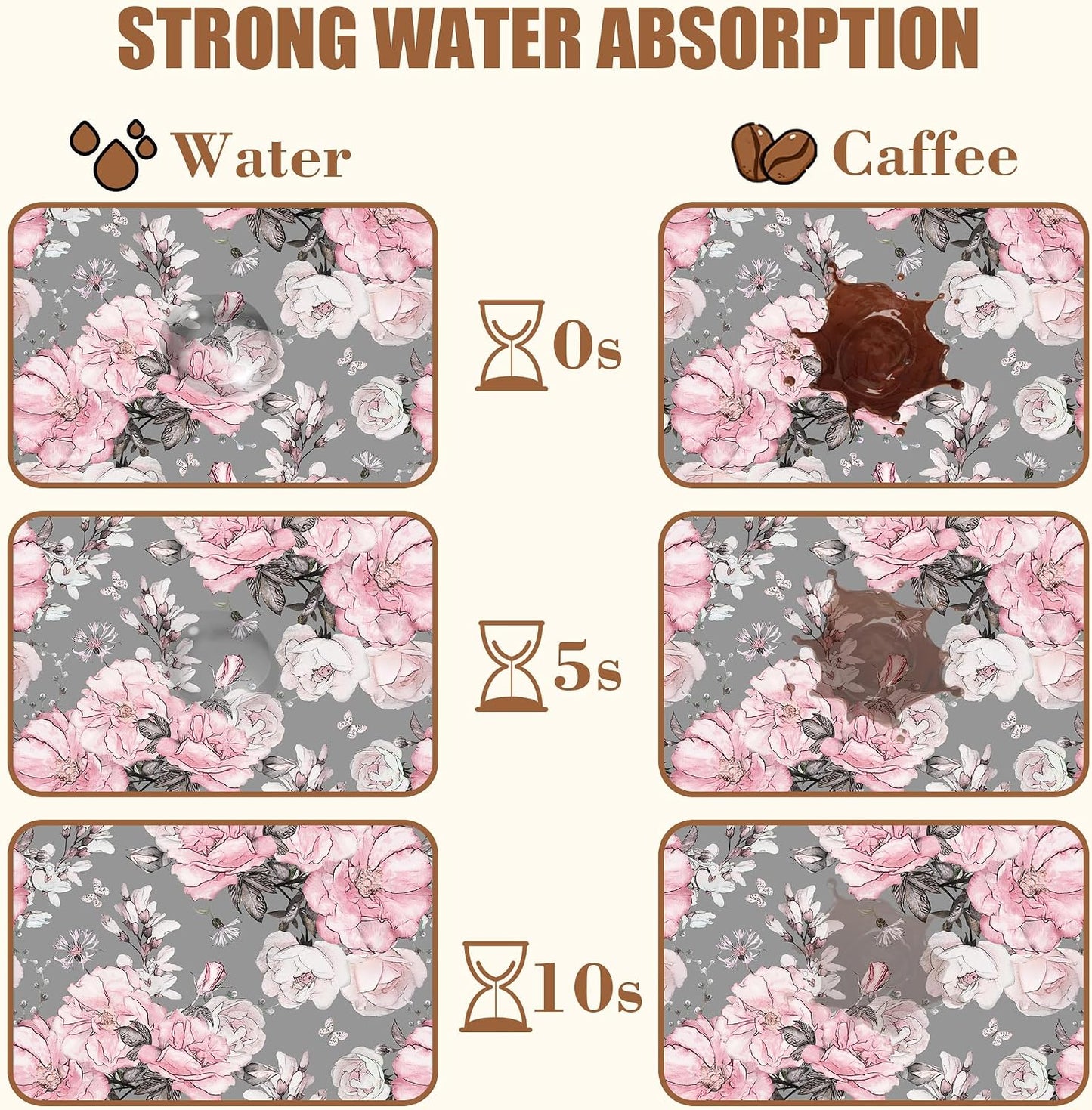 Pink Flowers and Leaves Coffee Mat Absorbent Dish Drying Mat for Kitchen Counter Hide Stain Rubber Backed Coffee Bar Accessories Fit Under Espresso Machine Cafe Table, 11.8 x 19.7 Inch