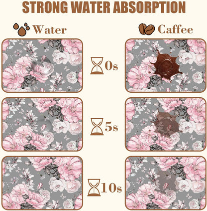 Pink Flowers and Leaves Coffee Mat Absorbent Dish Drying Mat for Kitchen Counter Hide Stain Rubber Backed Coffee Bar Accessories Fit Under Espresso Machine Cafe Table, 11.8 x 19.7 Inch