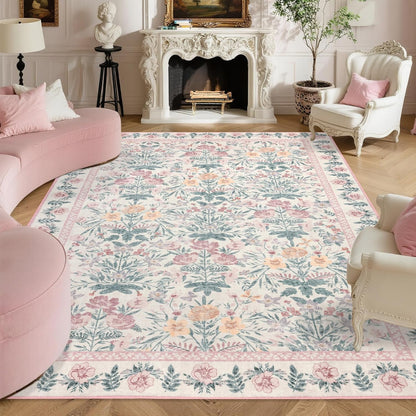 Pink Rugs for Living Room: Floral 5x7 Washable Area Rug for Nursery Bedroom - Soft Easy Clean Kid & Pet-Friendly Non-Slip Carpet - Oriental Girls Home Decor