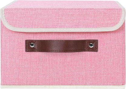 ANMINY Storage Bin with Lid Storage Boxes with PU Leather Handles PP Plastic Board Decorative Foldable Lidded Cotton Linen Fabric Home Cubes Baskets Closet Organizer Container - Pink, Small Size
