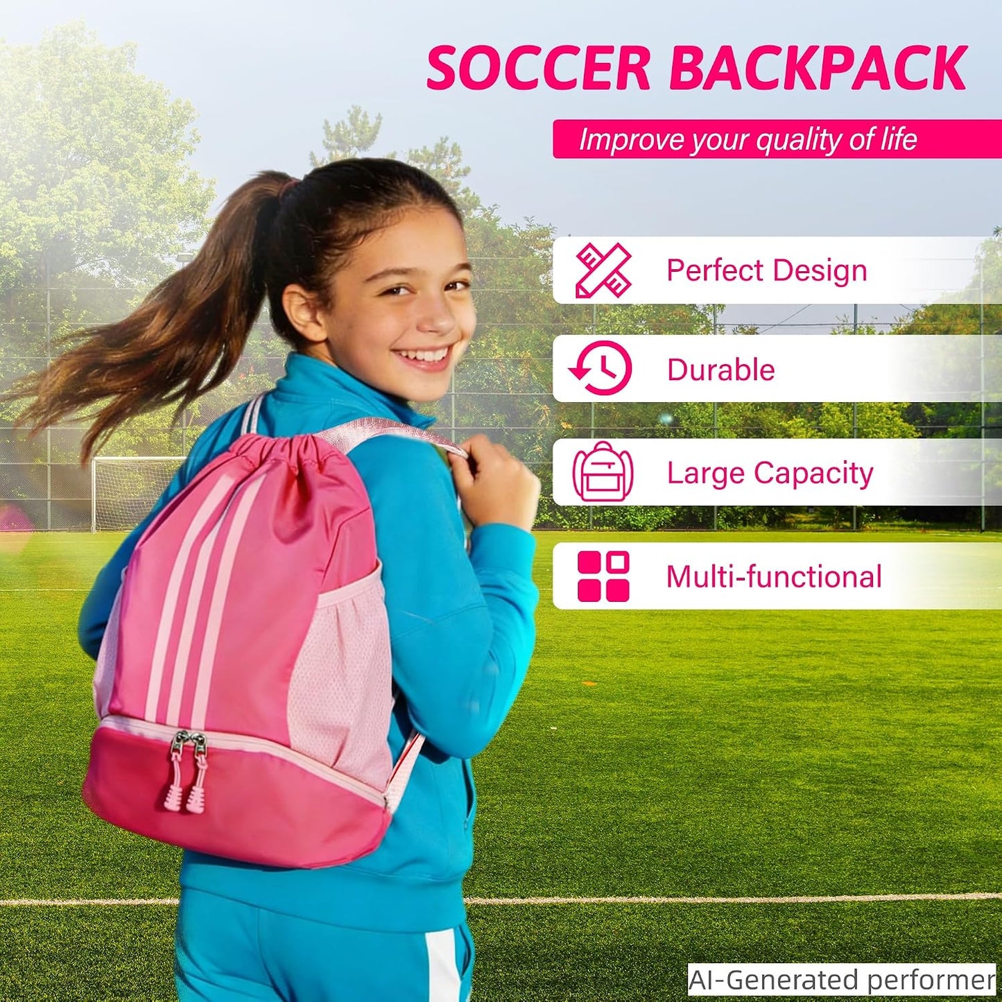 Soccer Bag, Youth Soccer Basketball Bag with Compartments Drawstring Backpack for Football Volleyball Gym Training (Pink)