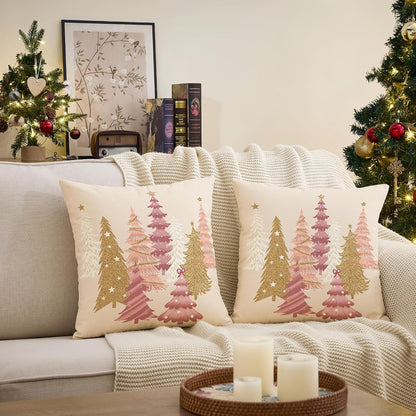 Christmas Pillow Covers 18x18 Inch Set of 2 Pink Aesthetic Decorative Christmas Tree Throw Pillows Linen Winter Holiday Decor for Home Sofa Couch Bed Chair