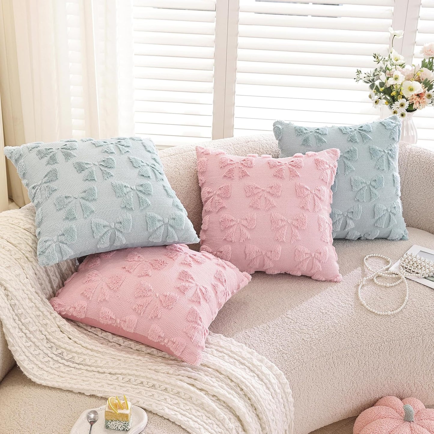 TAOSON Pack of 2,Valentines Day Decoration Pink Cute Bow Soft Plush Faux Fur Jacquard Throw Pillows Soft Couch Pillowcases Cushion Covers for Living Room Girl Bed Sofa Home Decor 18x18 inch