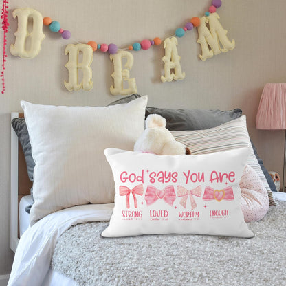 Pink Bow Coquette Christian Pillow Covers 12x20, Pink Coquette Room Decor, Girly Bedroom Decor, God Says You are Affirmation Bible Verse Pillow Covers, Christian Gifts for Women Teen Girls